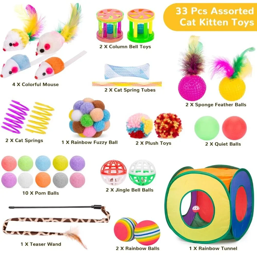 33 PCS Cat Toys Kitten Toys Set, Collapsible Cat Tunnels for Indoor Cats